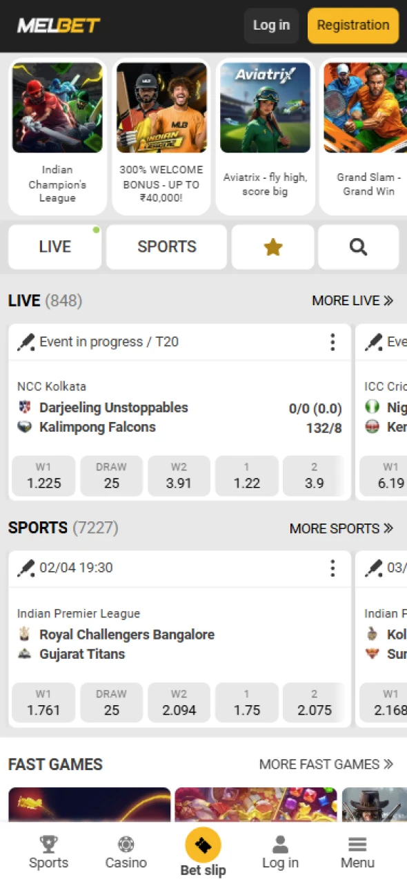 The main page of the Melbet app provides access to sports betting and casino games.