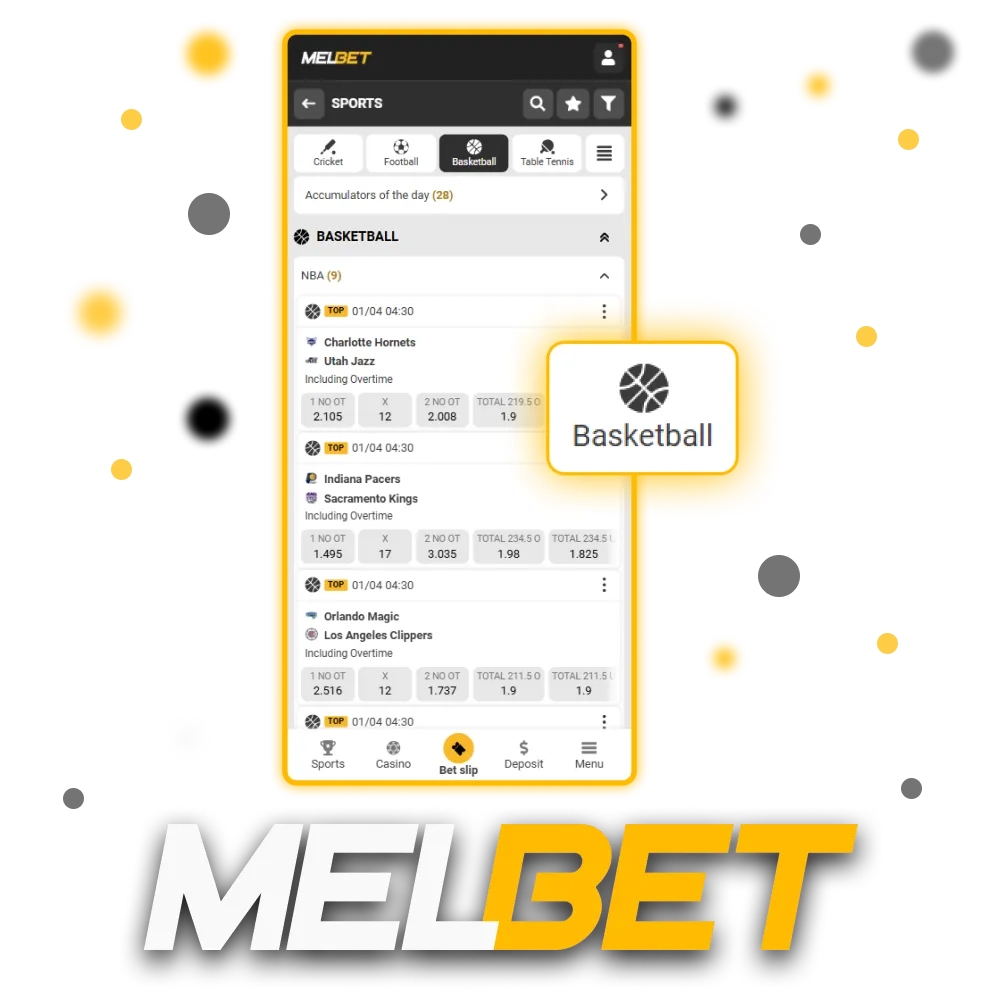 Bet on basketball games at Melbet and enjoy high odds on top leagues.