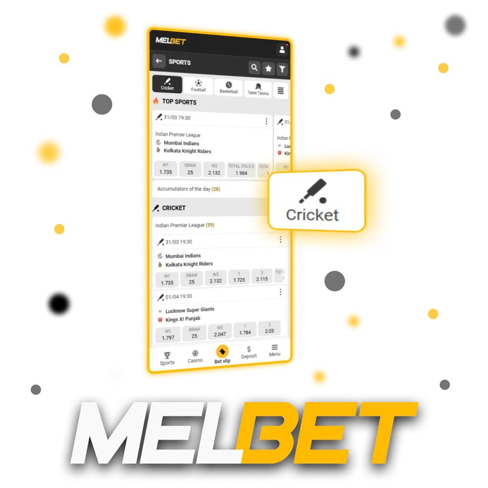 Place bets on top cricket matches with great odds at Melbet.