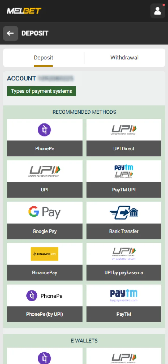 Select your preferred deposit method for quick transactions on Melbet.