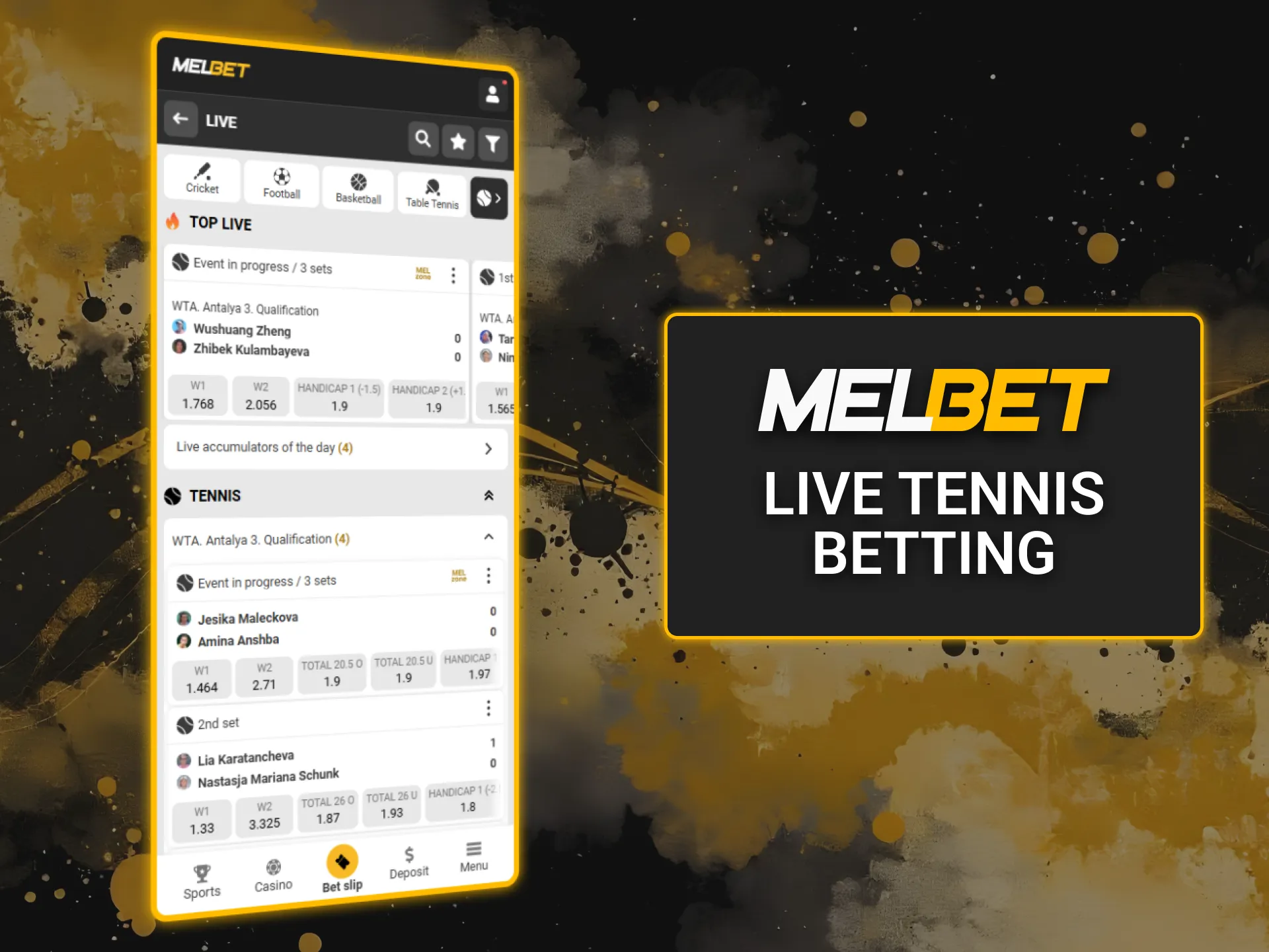 Experience the excitement of live tennis betting on Melbet with real-time odds.