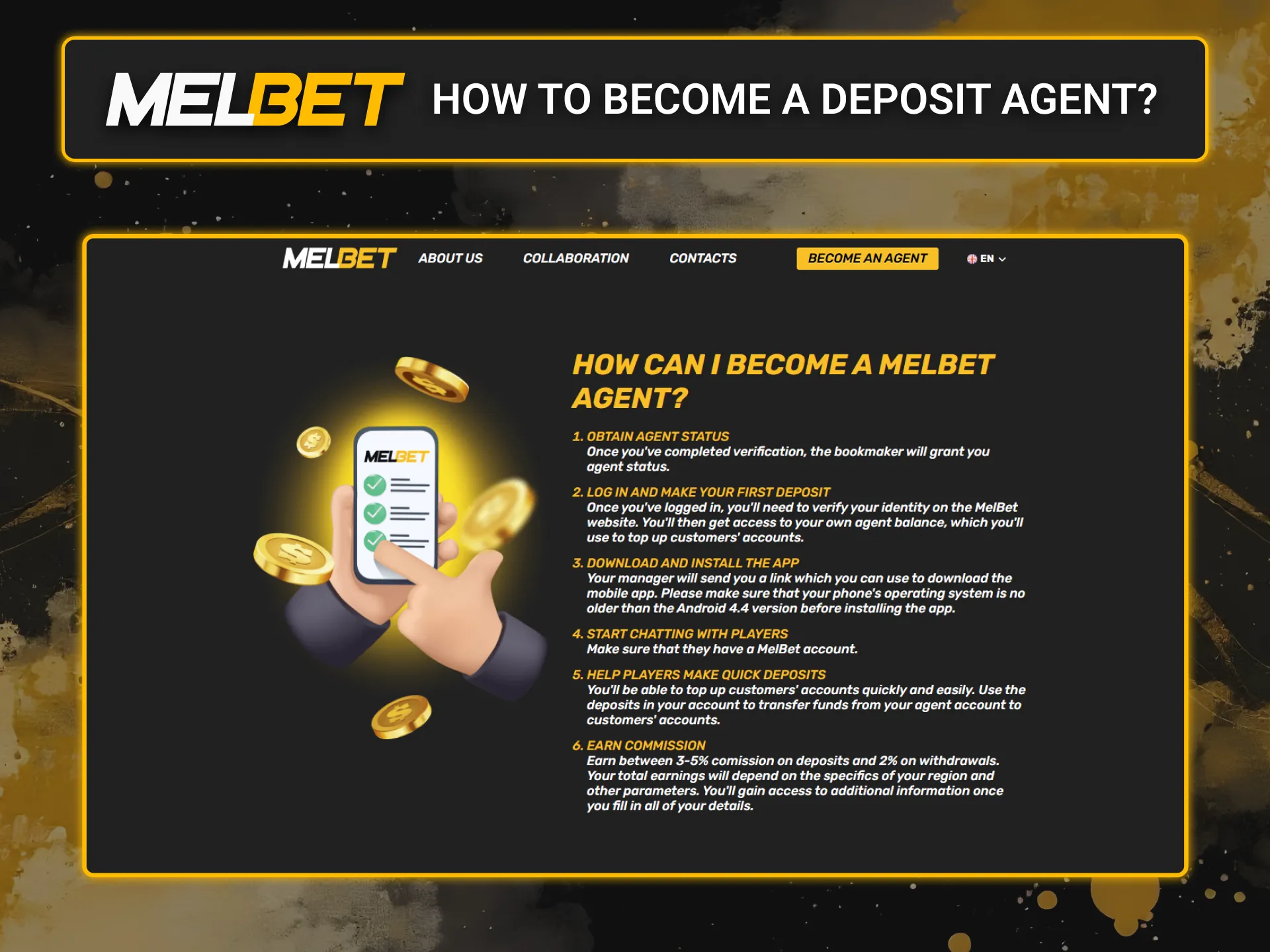 Find out how to become a Melbet deposit agent and start earning commissions.