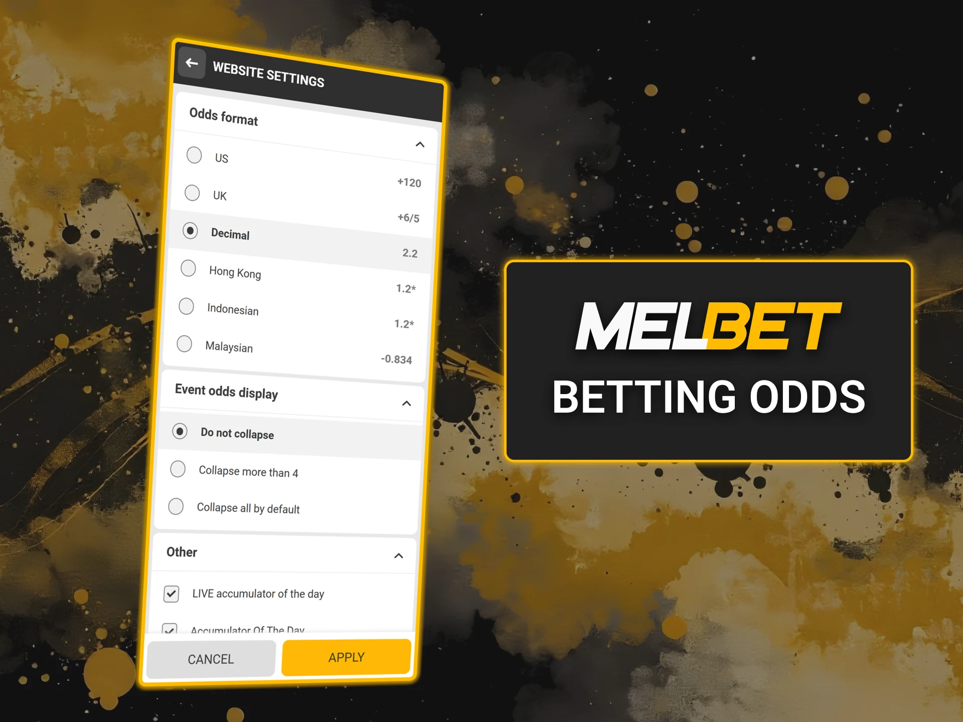 Learn about odds display types on Melbet website.