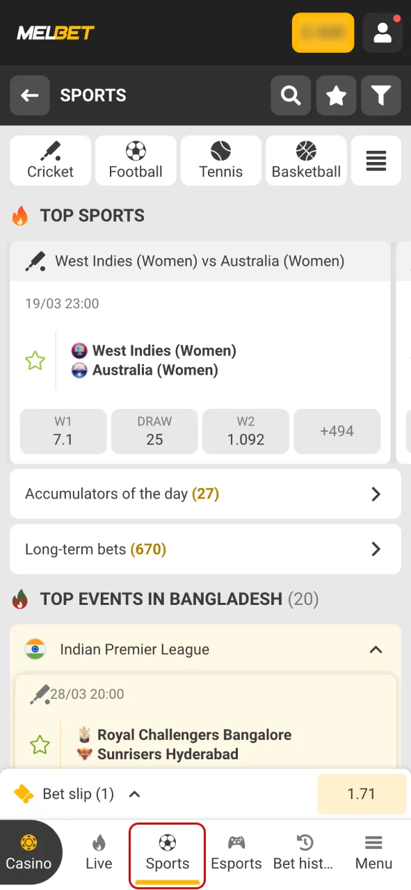 Open the Melbet sports section.