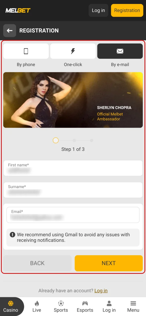 Click the Melbet registration button.