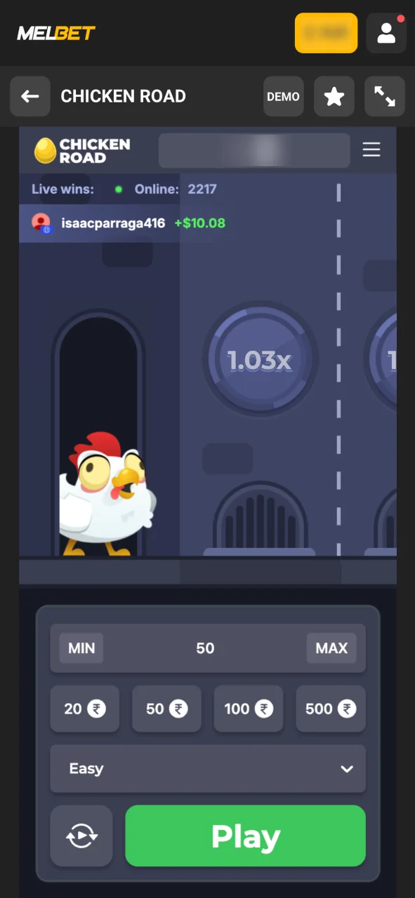 Start your Chicken Road session at Melbet.