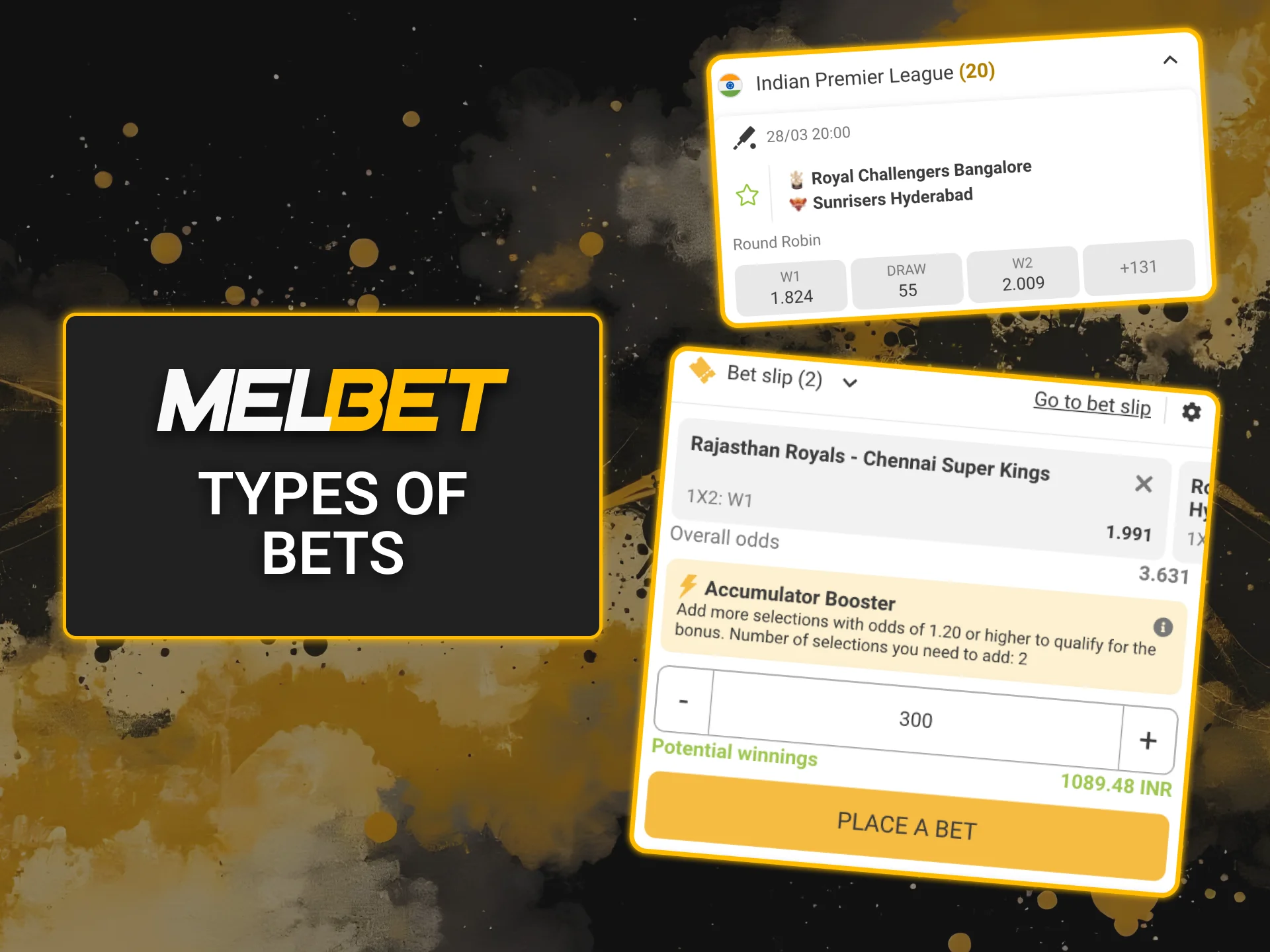 Choose Melbet IPL betting types.