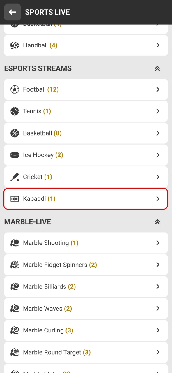 Find Kabaddi in the Melbet menu.
