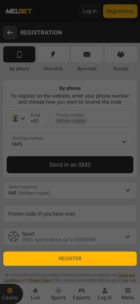 Click the button to complete Melbet registration process.