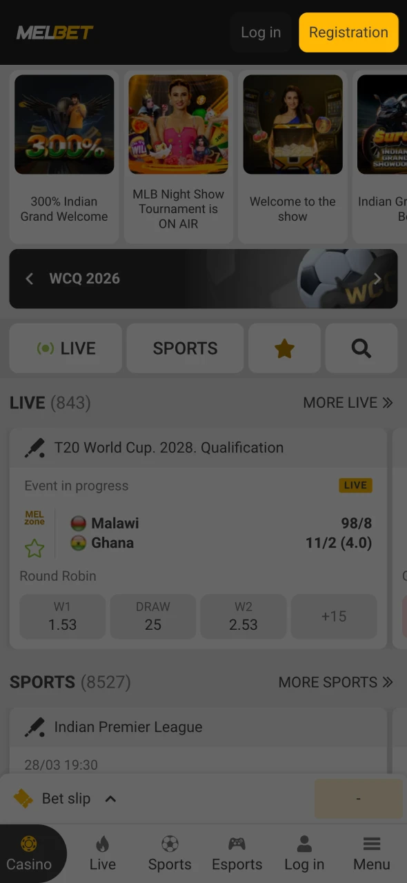 Click the registration button to start creating Melbet account.