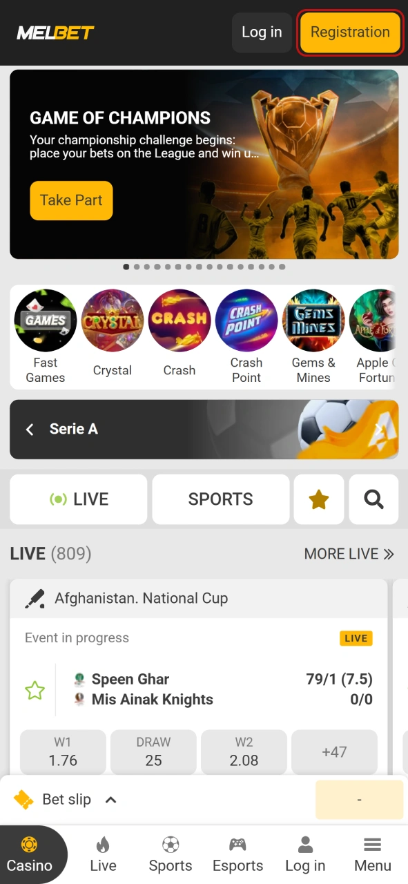 Click the registration button on the official Melbet homepage to join.