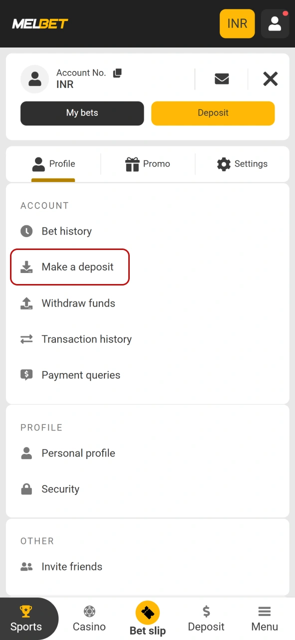 Deposit funds into your wallet using the official Melbet payment system.