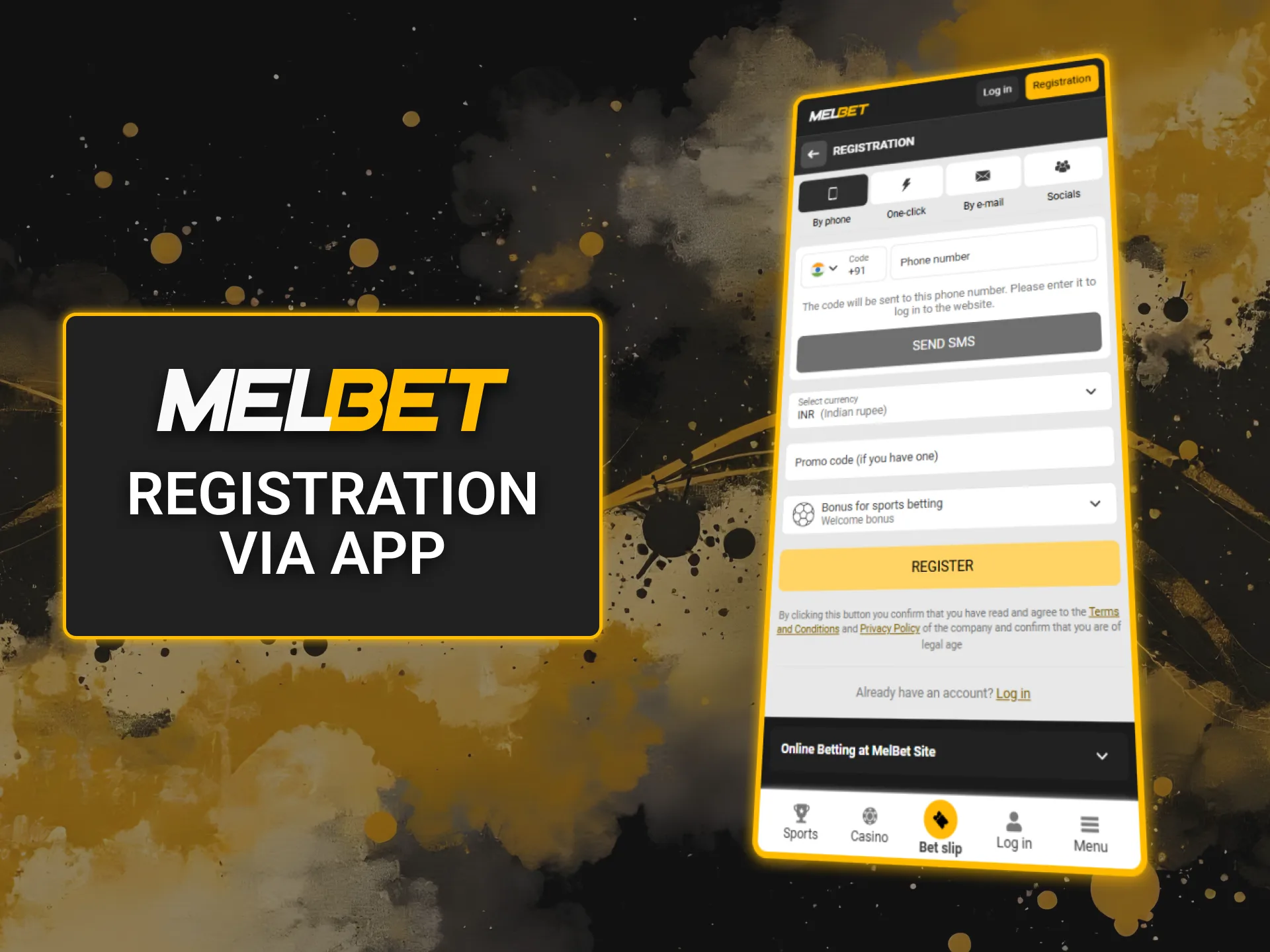 Click register button to create account via Melbet mobile app.