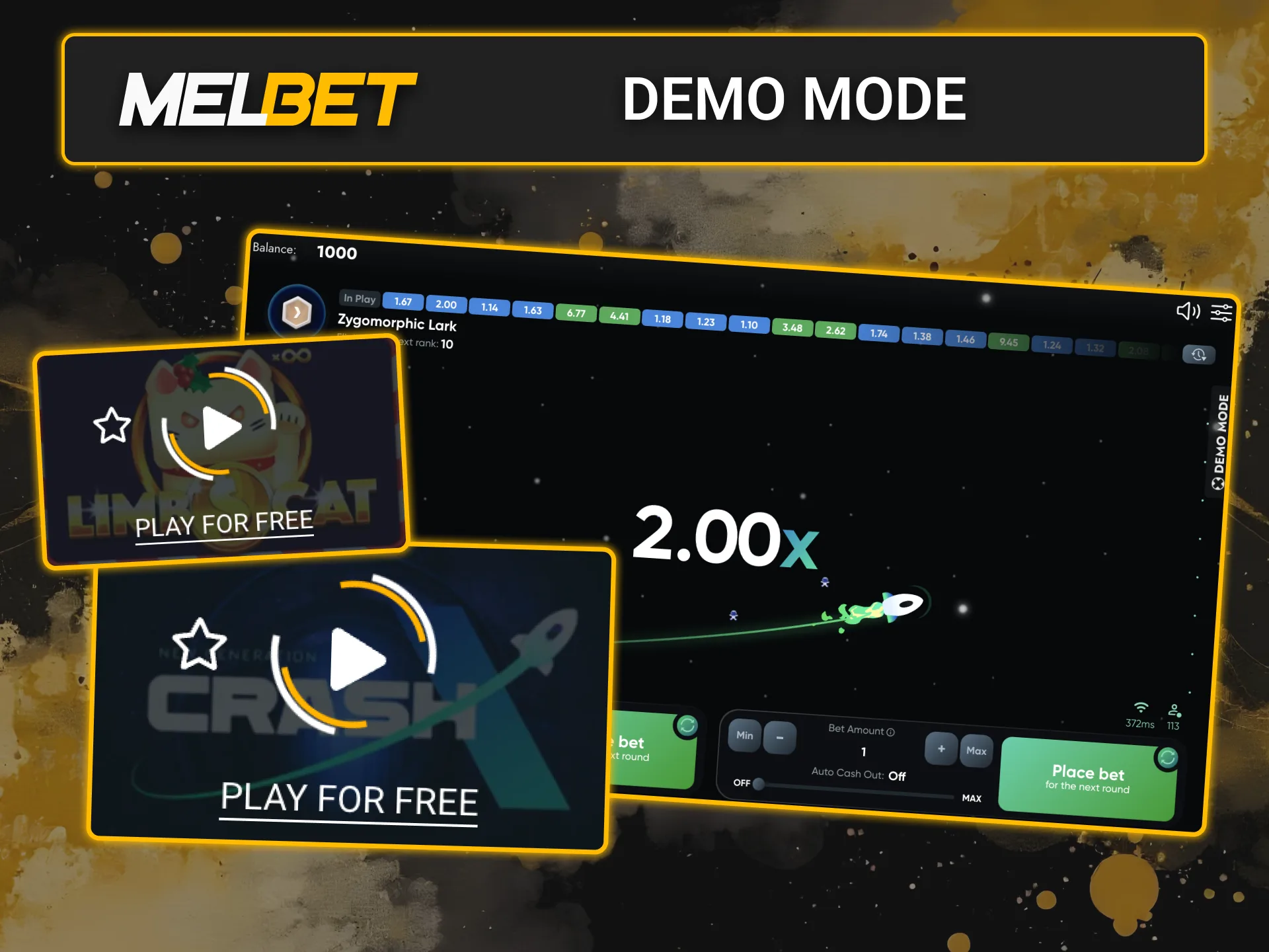 Try crash games in free demo mode at Melbet casino, and learn the mechanics without risk.